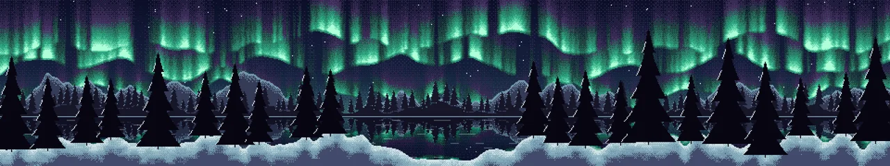 Navy Pixel Art Northern Lights triple monitor wallpaper, 7680 × 1440