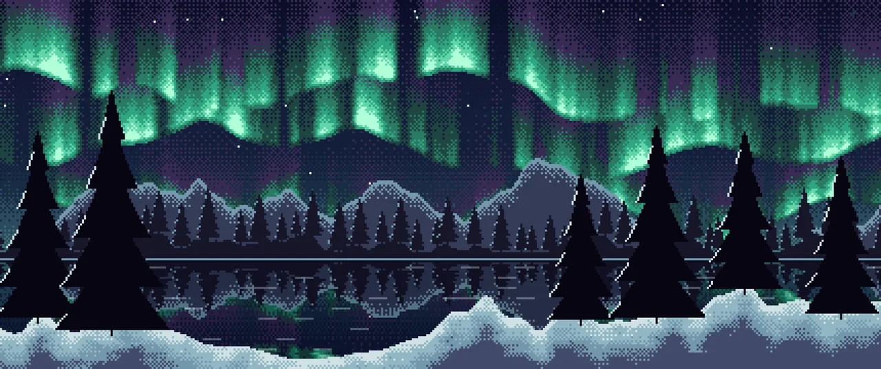 Navy Pixel Art Northern Lights ultrawide wallpaper, 3440 × 1440