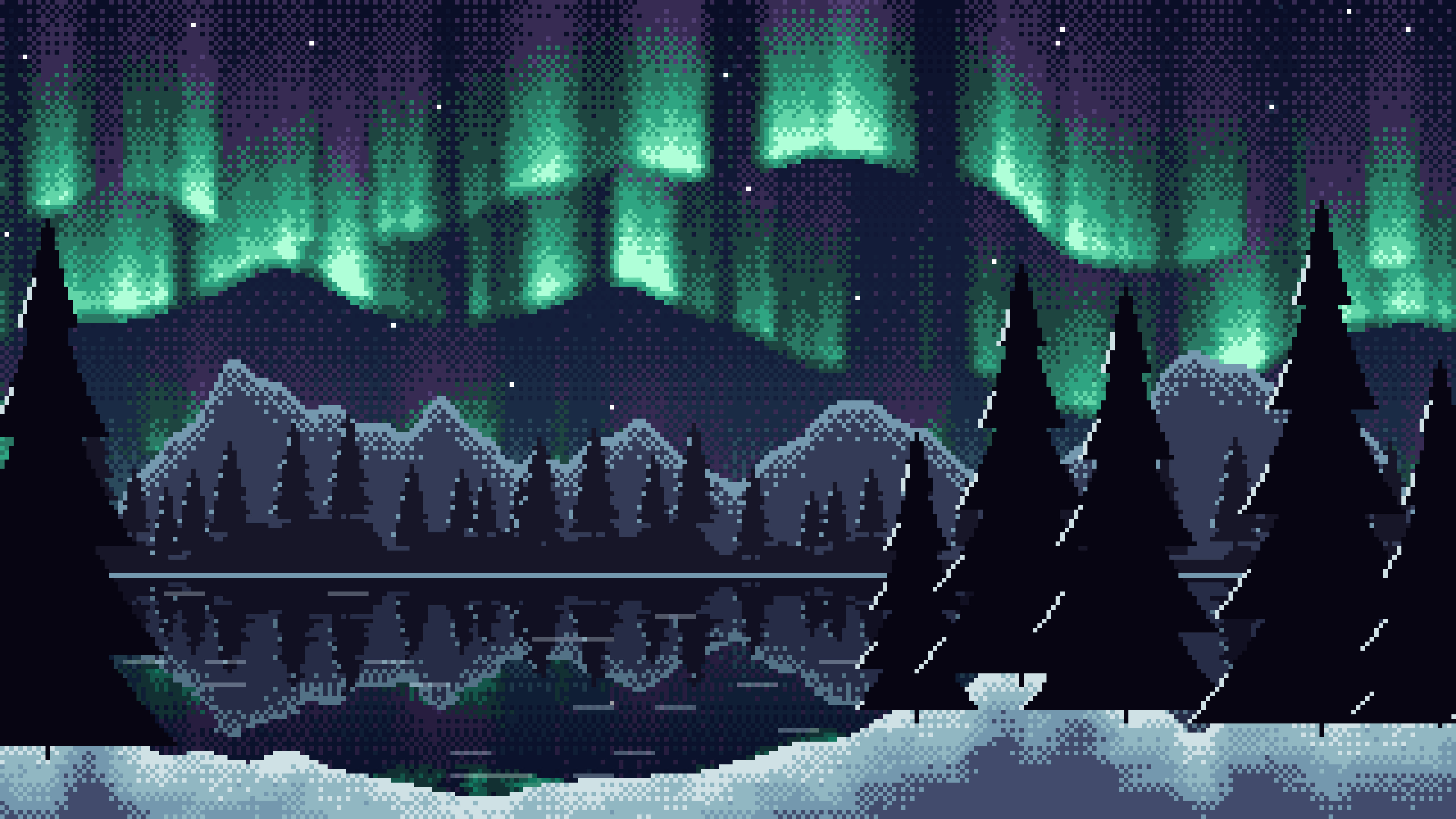 Navy Pixel Art Northern Lights desktop wallpaper in 4K