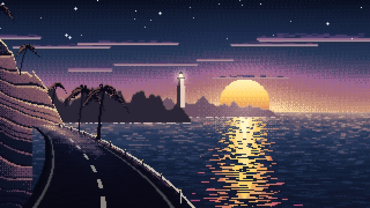 Navy Pixel Art Ocean Road at Sunset desktop wallpaper in 4K