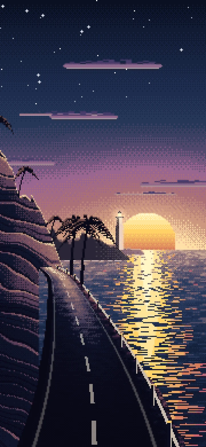 Navy Pixel Art Ocean Road at Sunset wallpaper for iPhone and Android