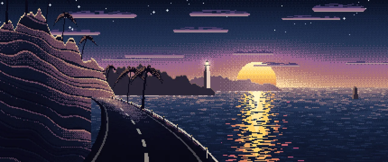Navy Pixel Art Ocean Road at Sunset ultrawide wallpaper, 3440 × 1440