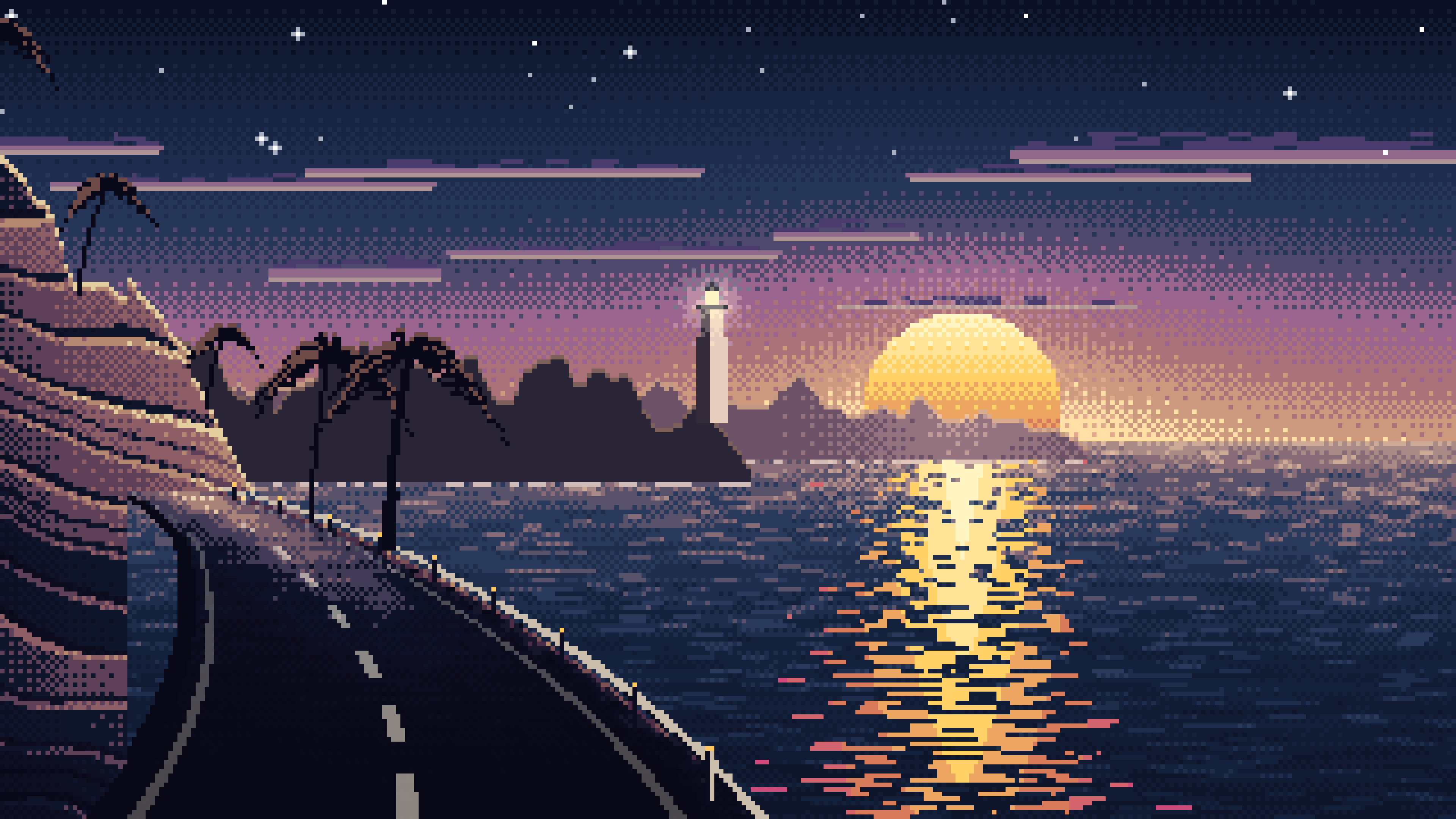 Navy Pixel Art Ocean Road at Sunset desktop wallpaper in 4K