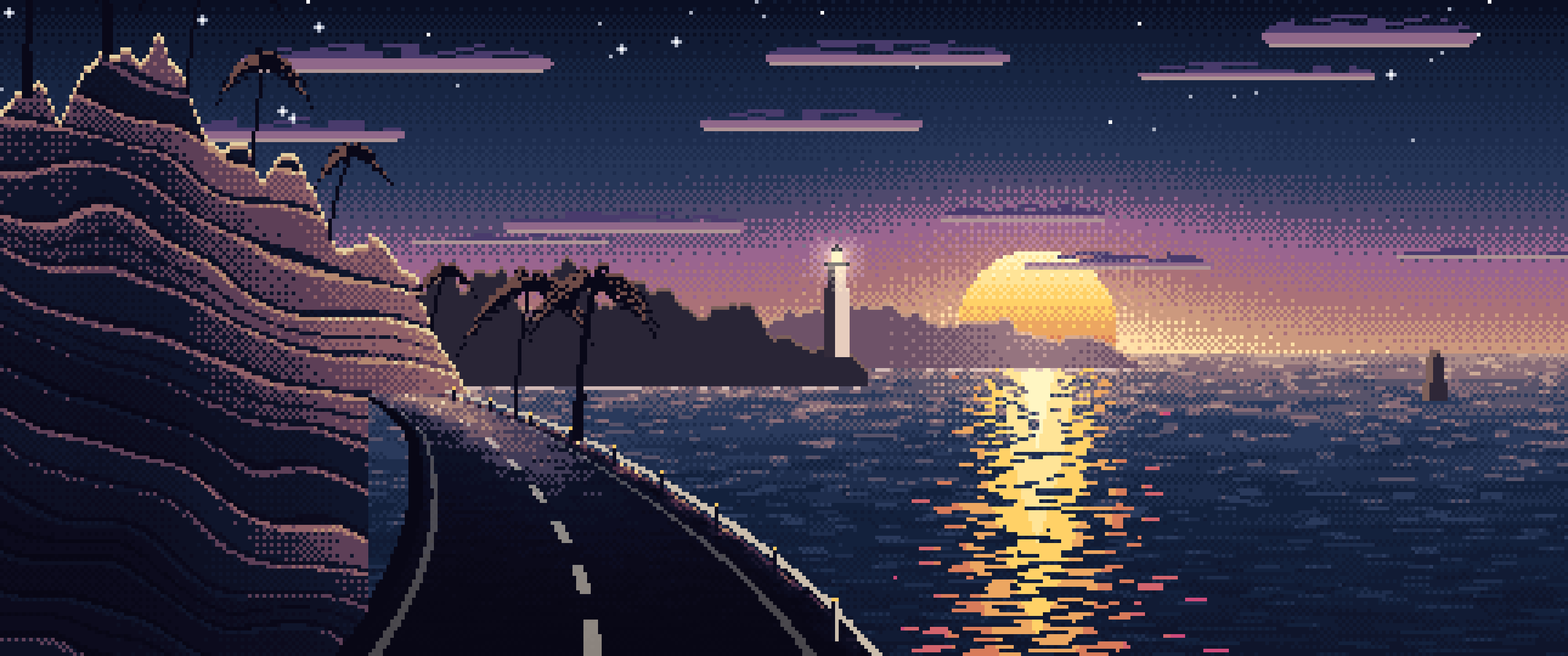 Navy Pixel Art Ocean Road at Sunset ultrawide wallpaper, 3440 × 1440