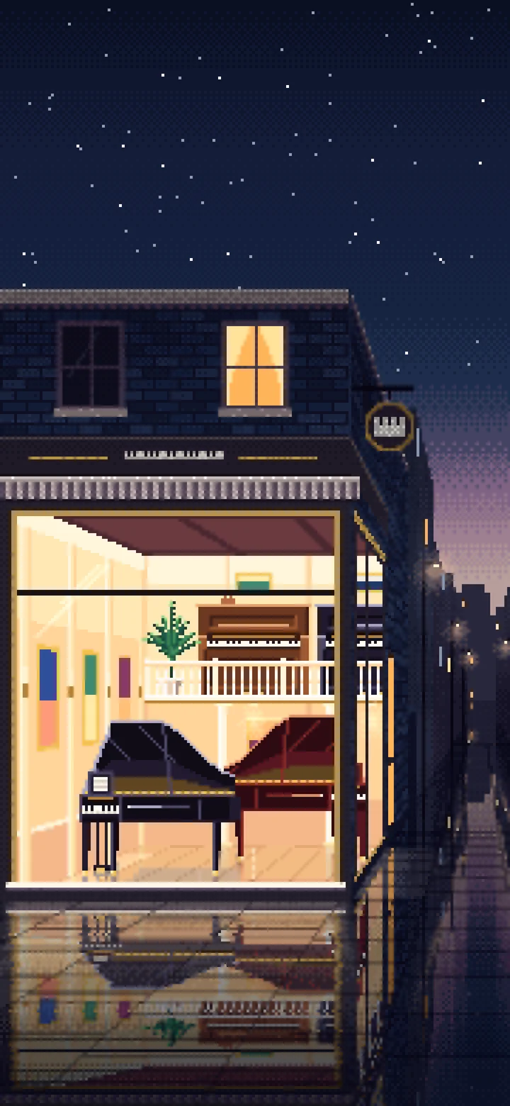 Navy Pixel Art Piano Shop wallpaper for iPhone and Android