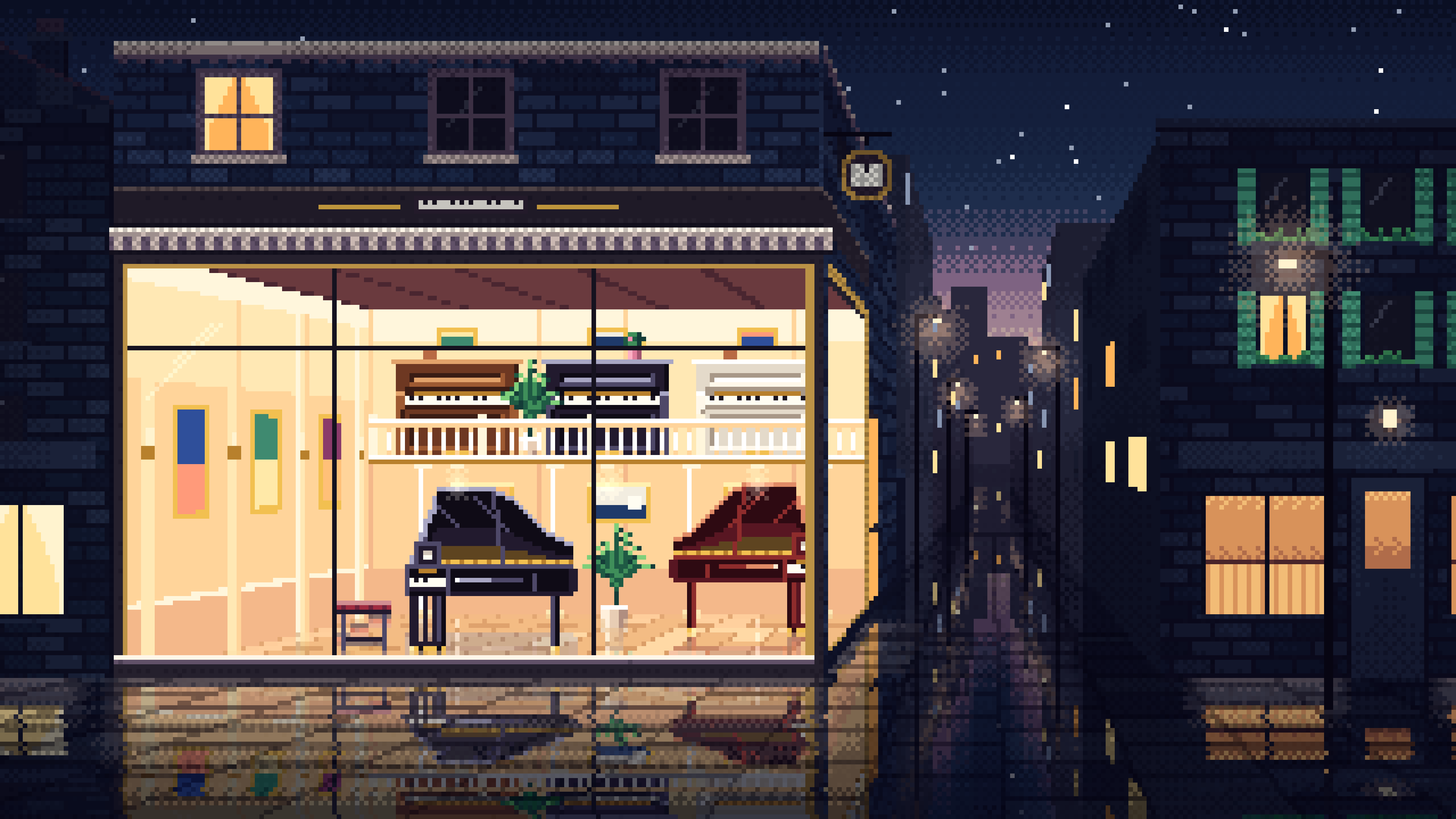 Navy Pixel Art Piano Shop desktop wallpaper in 4K