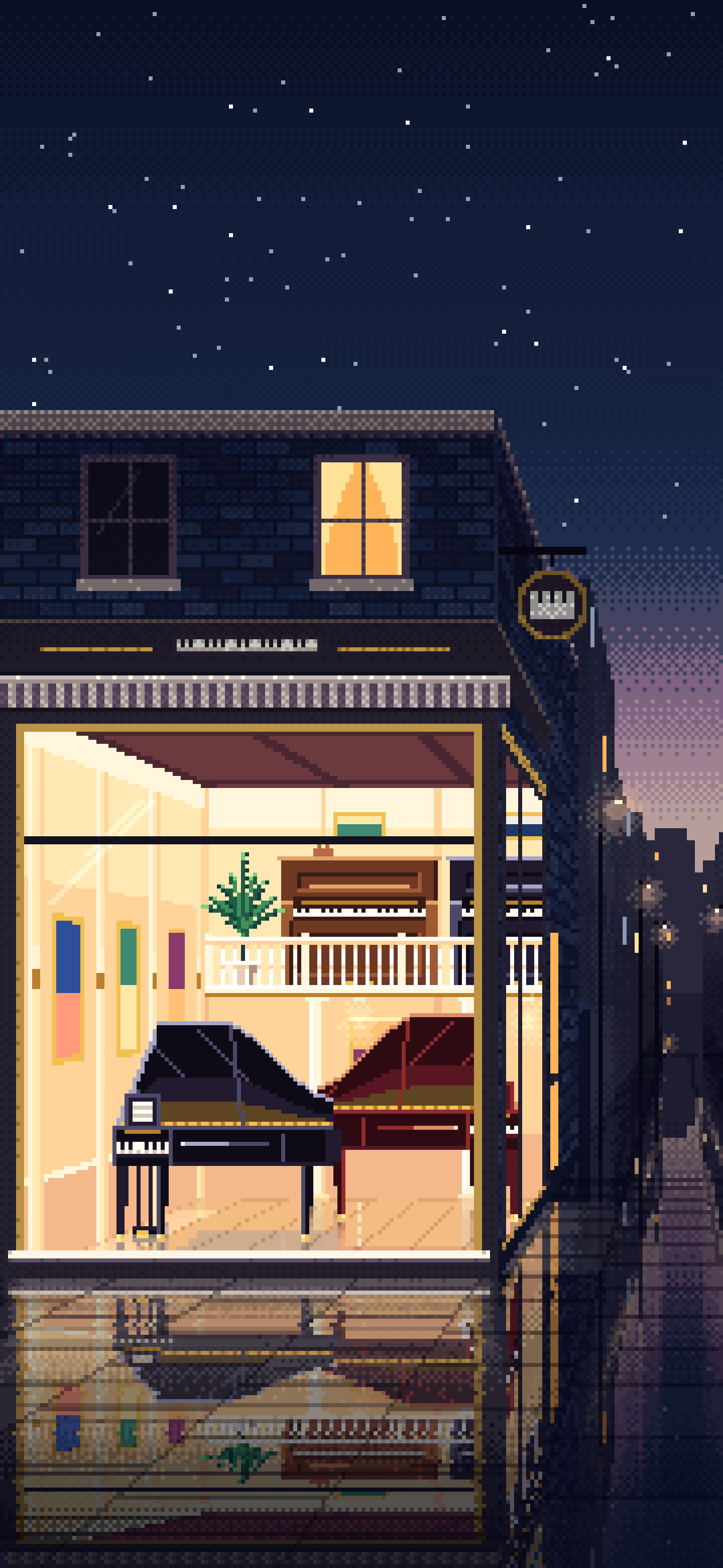 Navy Pixel Art Piano Shop wallpaper for iPhone and Android