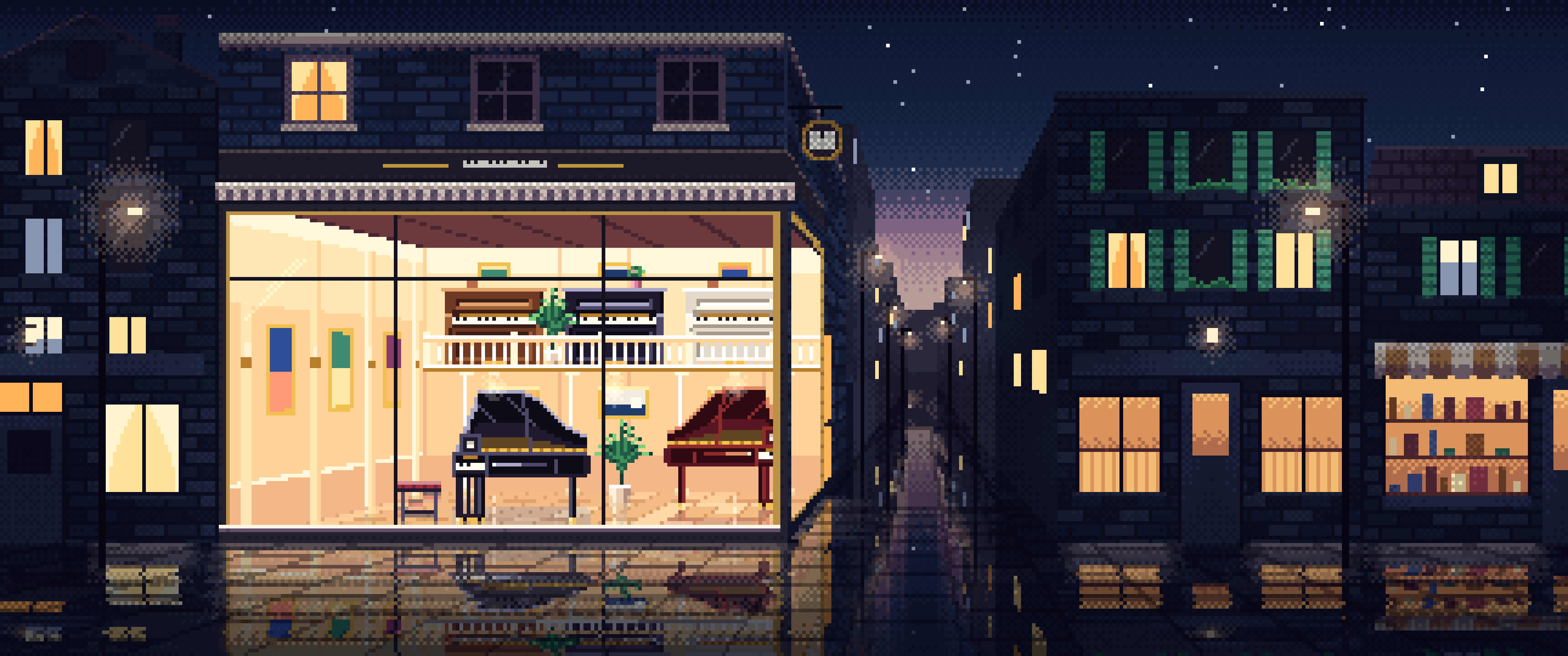 Navy Pixel Art Piano Shop ultrawide wallpaper, 3440 × 1440