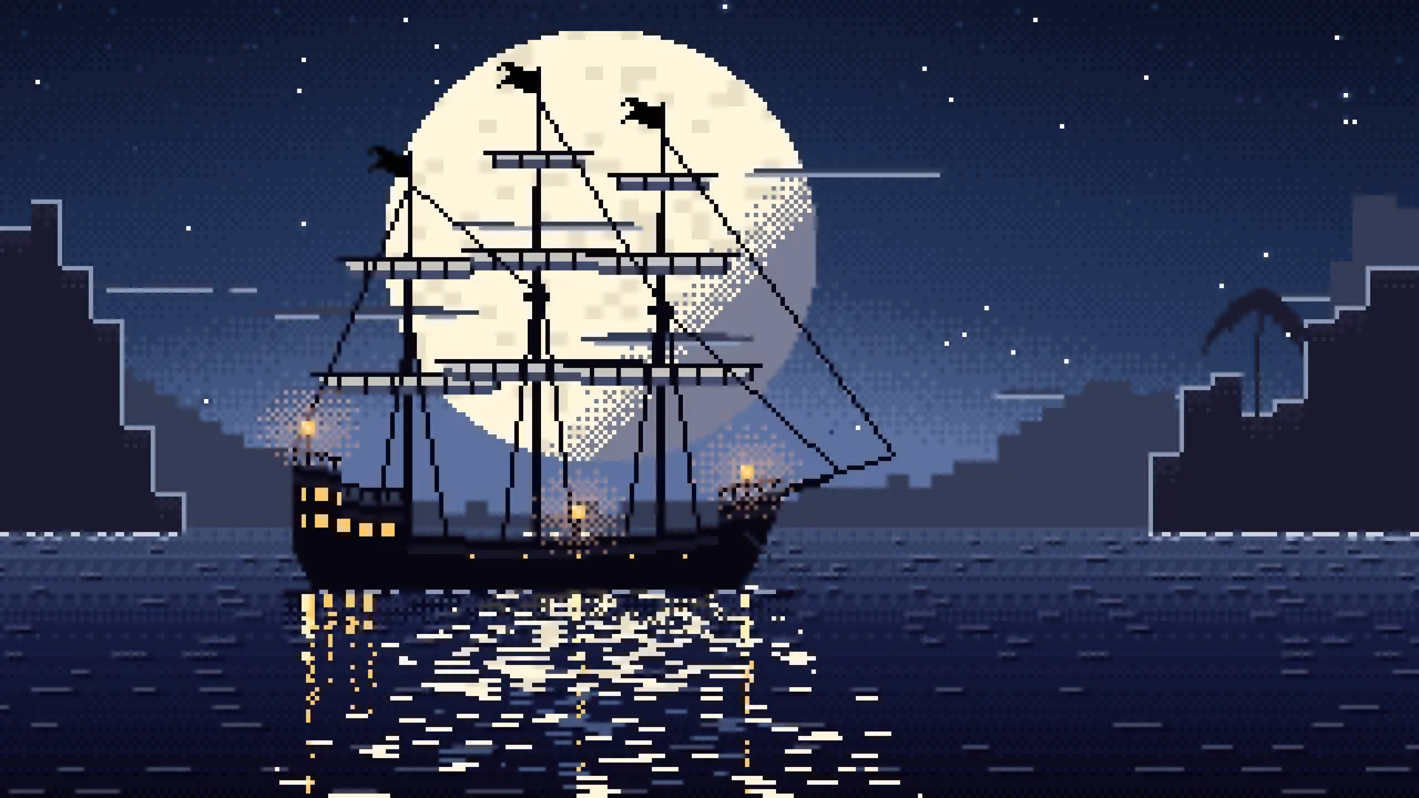 Navy Pixel Art Pirate Ship in a Moonlit Cove desktop wallpaper in 4K
