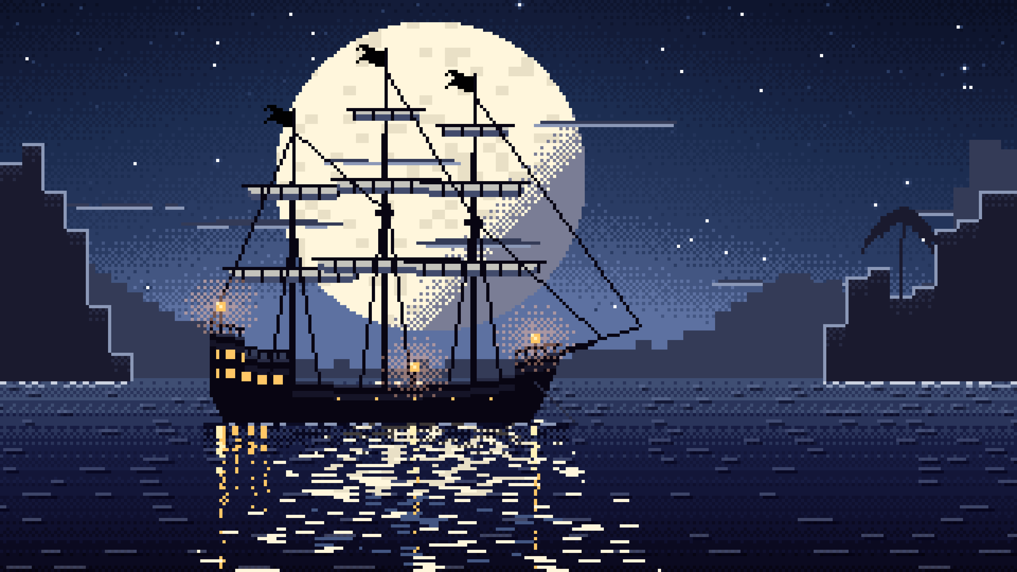 Navy Pixel Art Pirate Ship in a Moonlit Cove desktop wallpaper in 4K