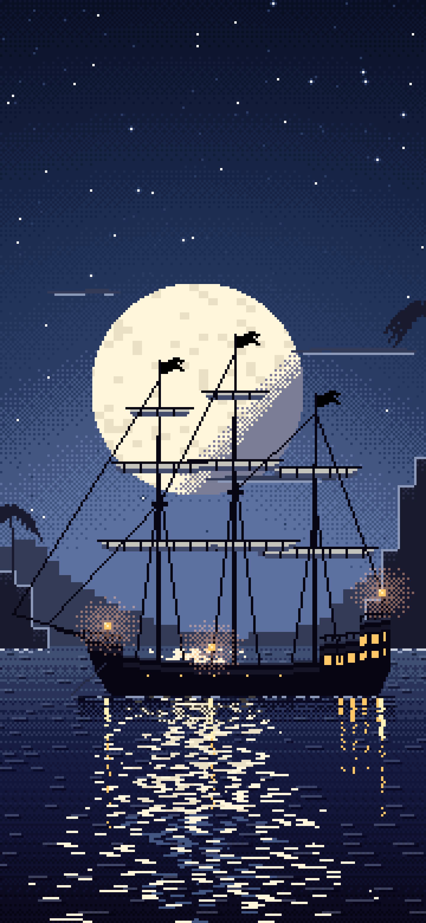 Navy Pixel Art Pirate Ship in a Moonlit Cove wallpaper for iPhone and Android