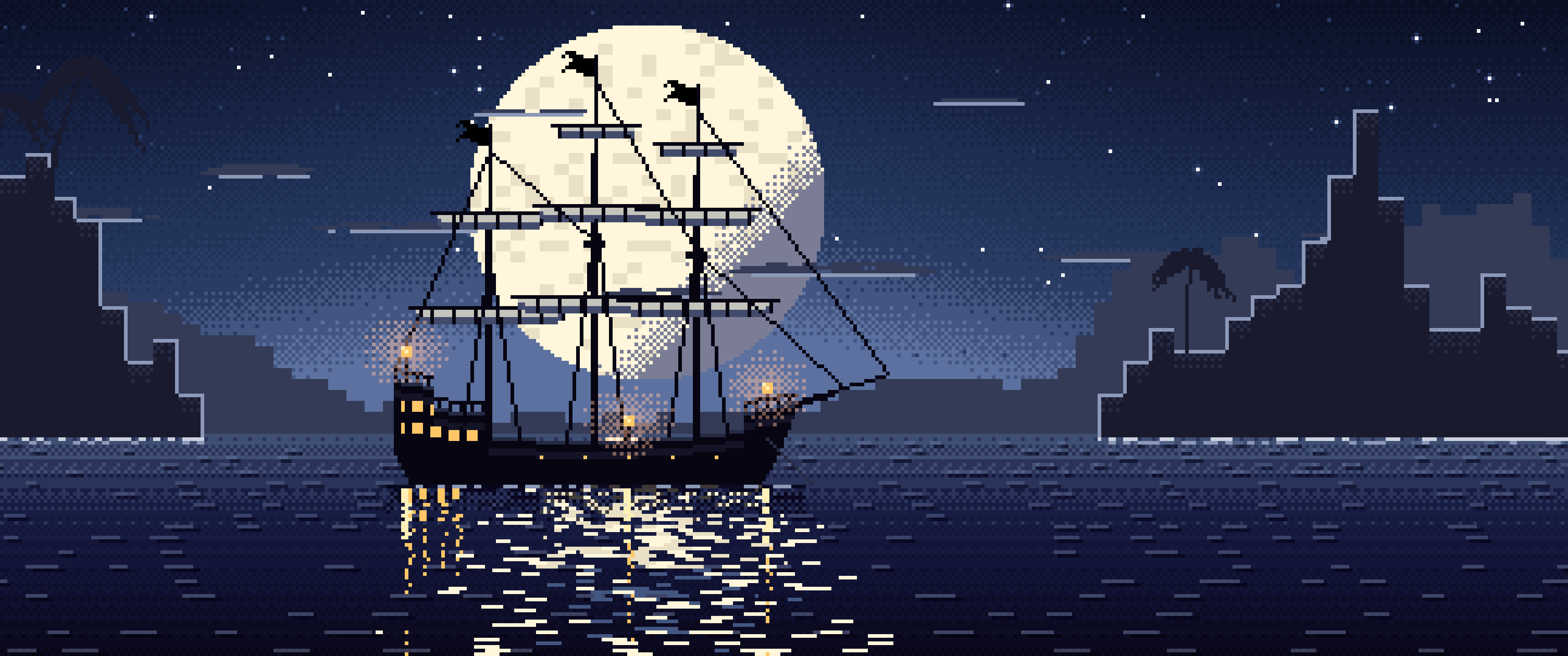 Navy Pixel Art Pirate Ship in a Moonlit Cove ultrawide wallpaper, 3440 × 1440