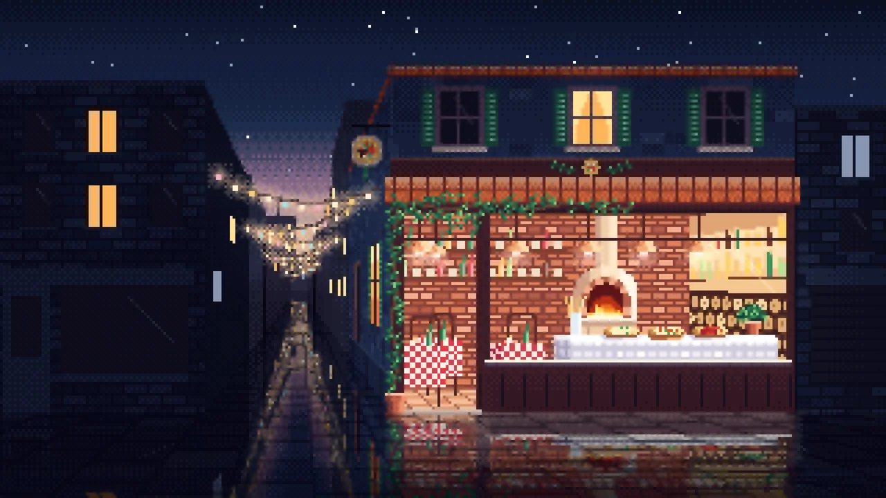 Navy Pixel Art Pizzeria desktop wallpaper in 4K