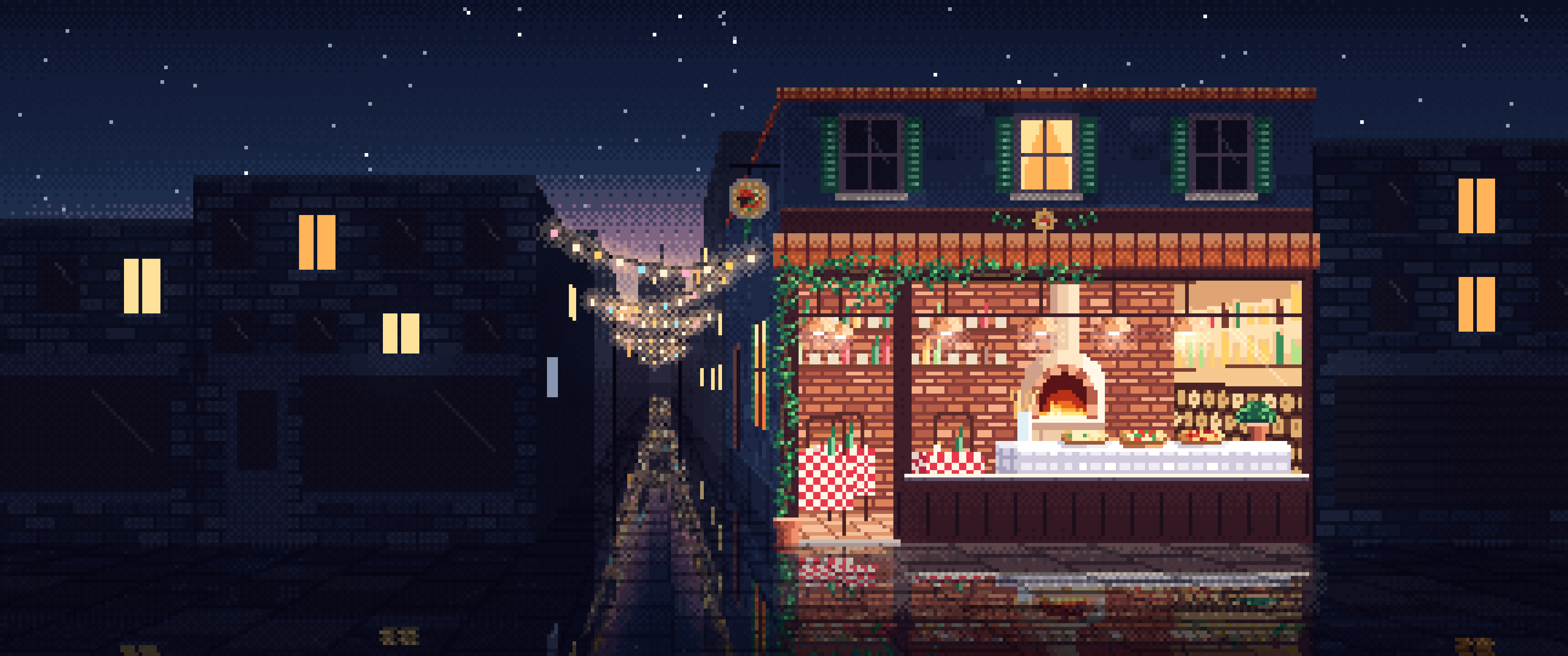 Navy Pixel Art Pizzeria ultrawide wallpaper, 3440 × 1440