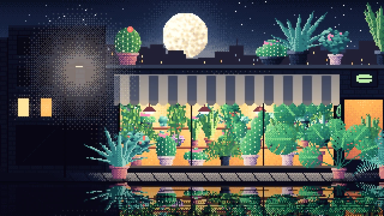 Navy Pixel Art Plant Shop at Night desktop wallpaper in 4K