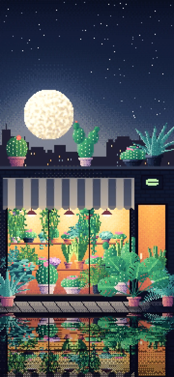 Navy Pixel Art Plant Shop at Night wallpaper for iPhone and Android