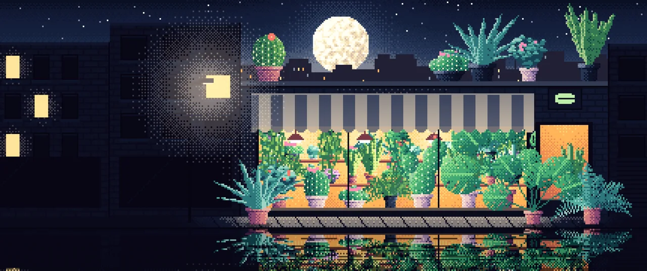 Navy Pixel Art Plant Shop at Night ultrawide wallpaper, 3440 × 1440