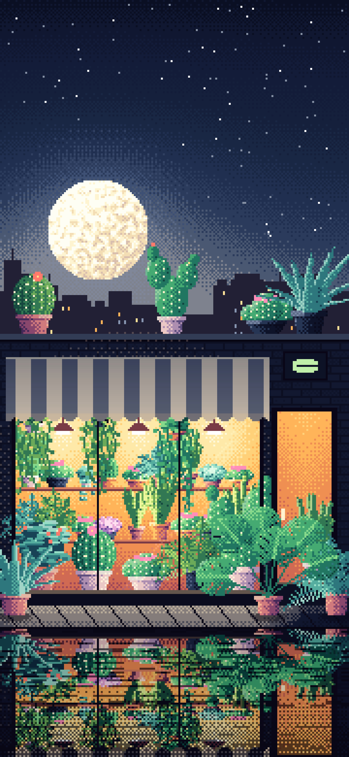Navy Pixel Art Plant Shop at Night wallpaper for iPhone and Android