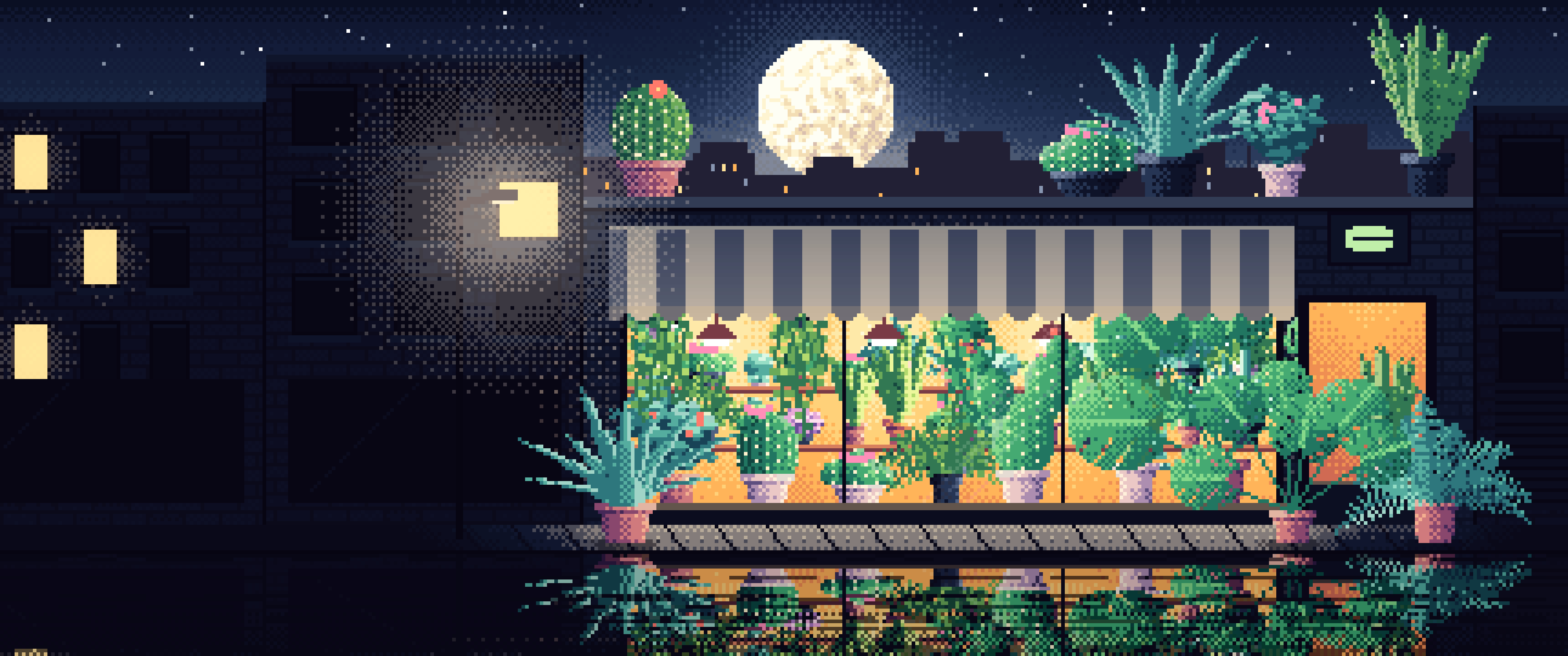 Navy Pixel Art Plant Shop at Night ultrawide wallpaper, 3440 × 1440