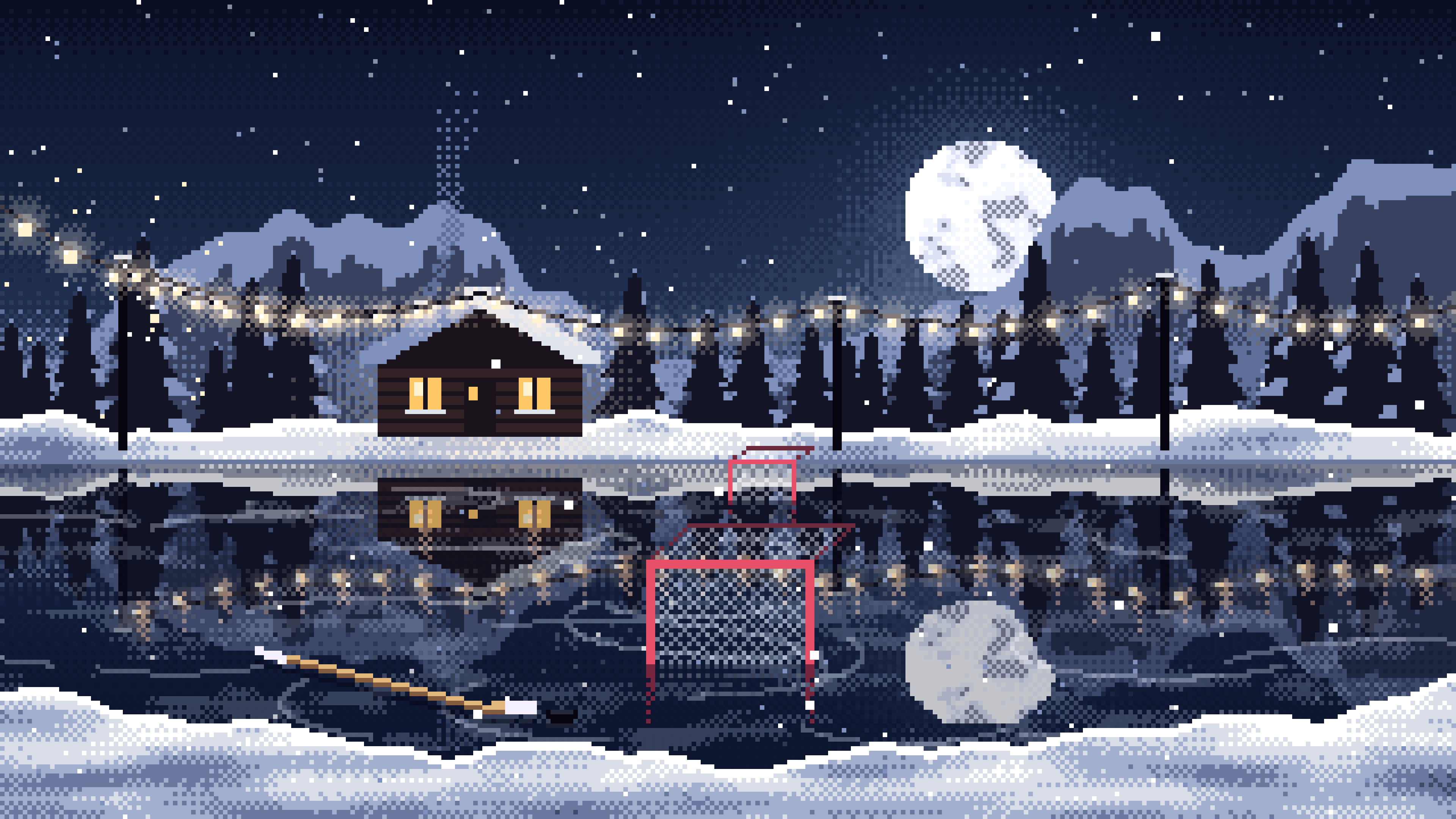 Navy Pixel Art Pond Hockey Rink desktop wallpaper in 4K