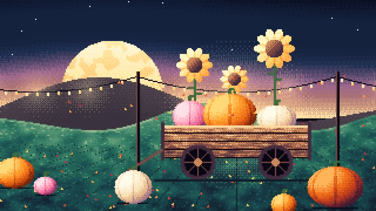 Navy Pixel Art Pumpkin Cart desktop wallpaper in 4K