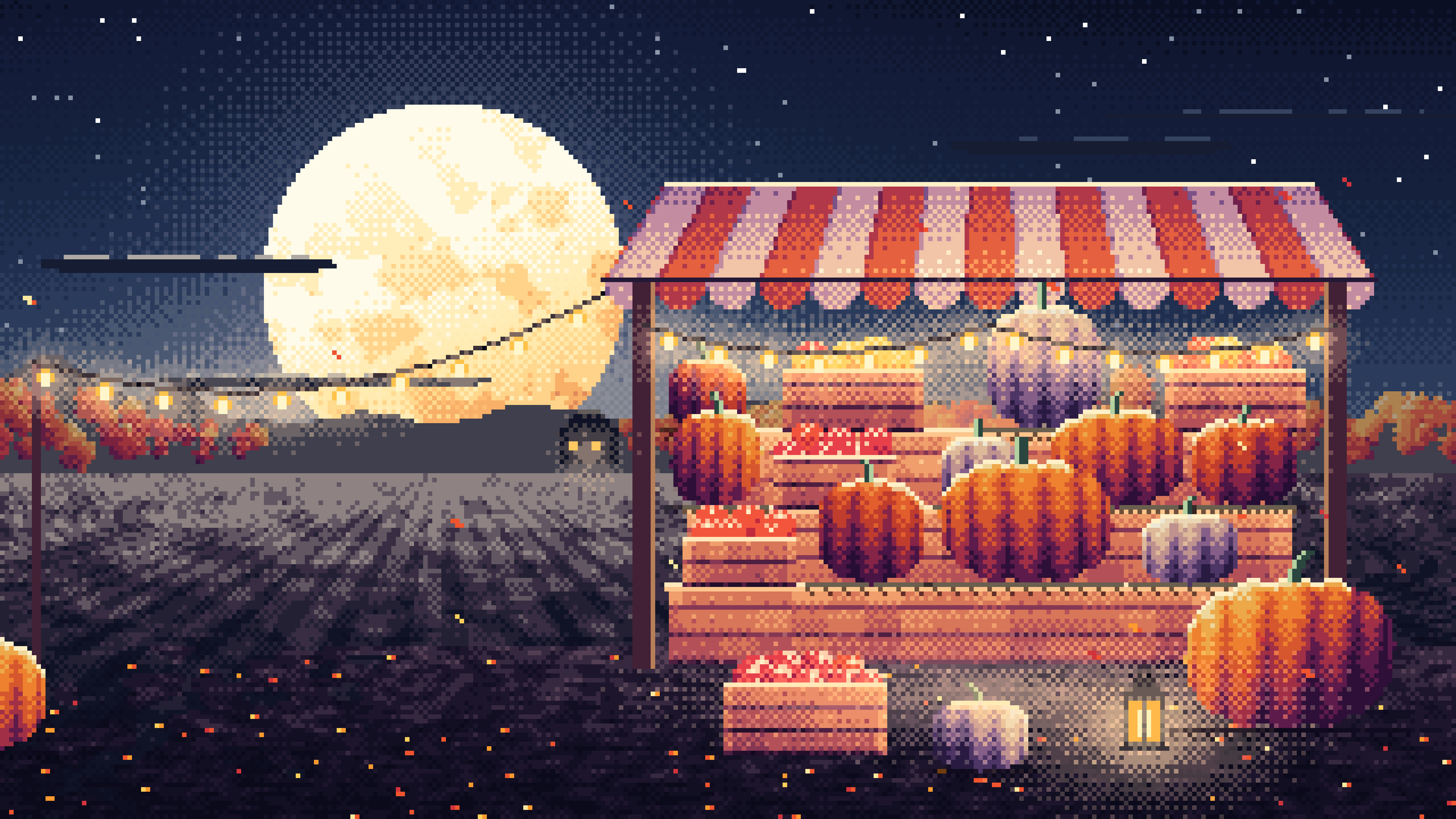 Navy Pixel Art Pumpkin Farm Stand under a Harvest Moon desktop wallpaper in 4K