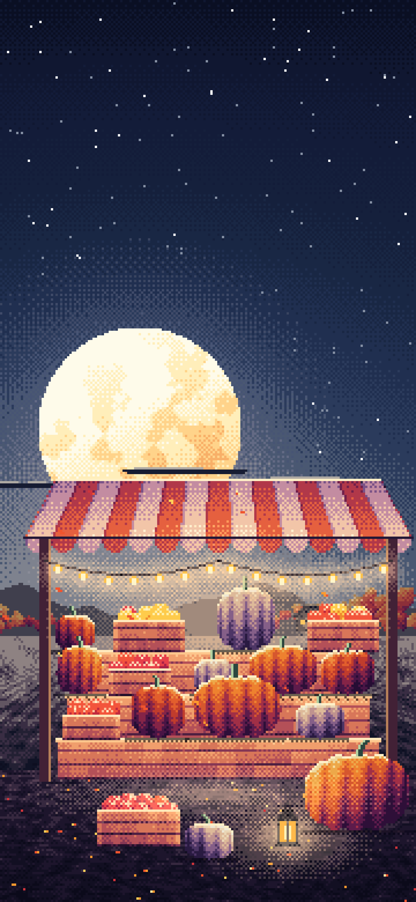 Navy Pixel Art Pumpkin Farm Stand under a Harvest Moon wallpaper for iPhone and Android