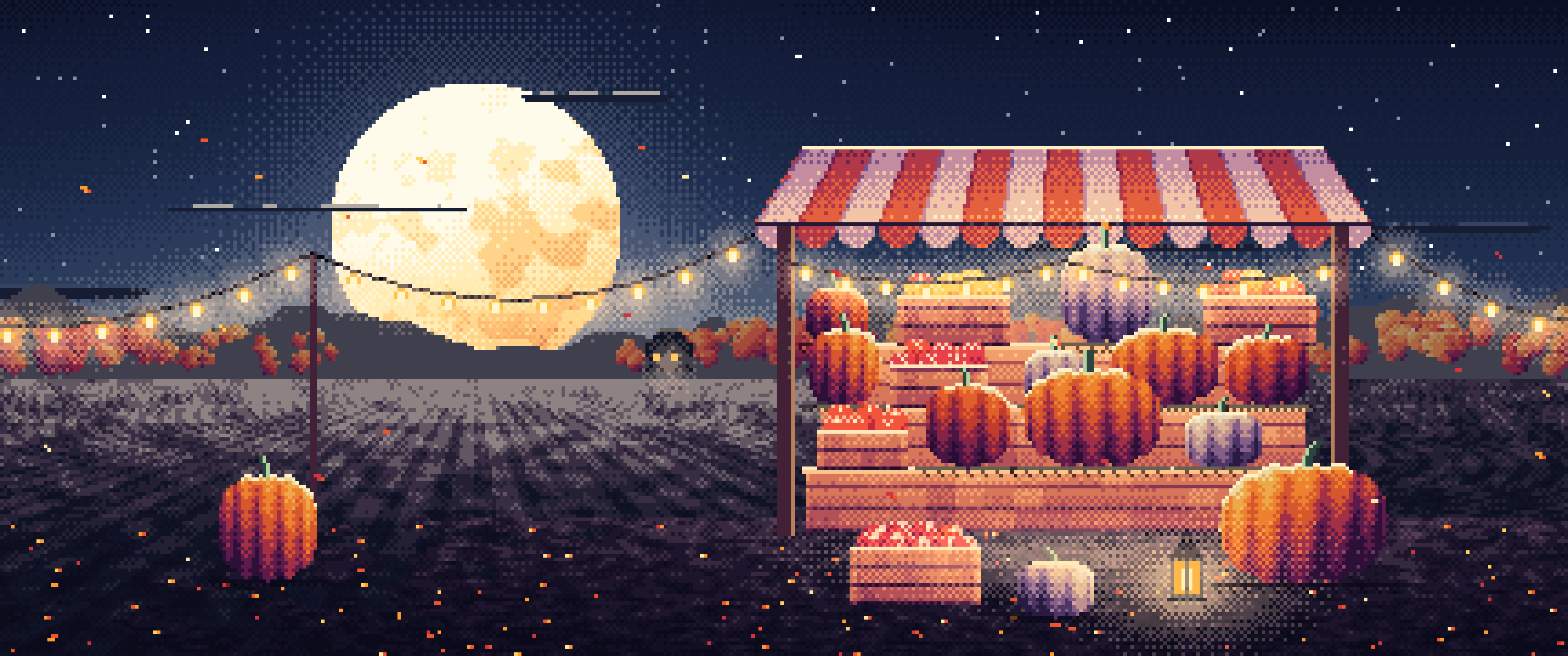 Navy Pixel Art Pumpkin Farm Stand under a Harvest Moon ultrawide wallpaper, 3440 × 1440
