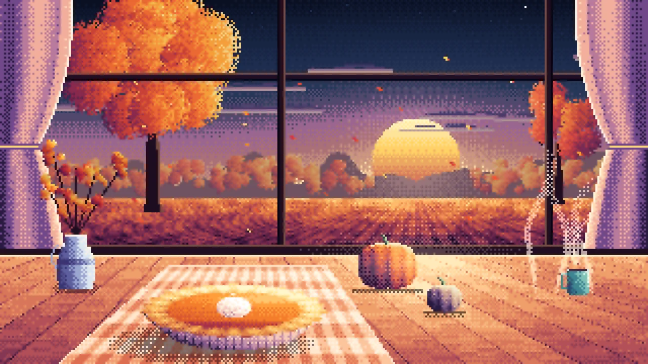 Navy Pixel Art Pumpkin Pie on a Windowsill at Sunset desktop wallpaper in 4K