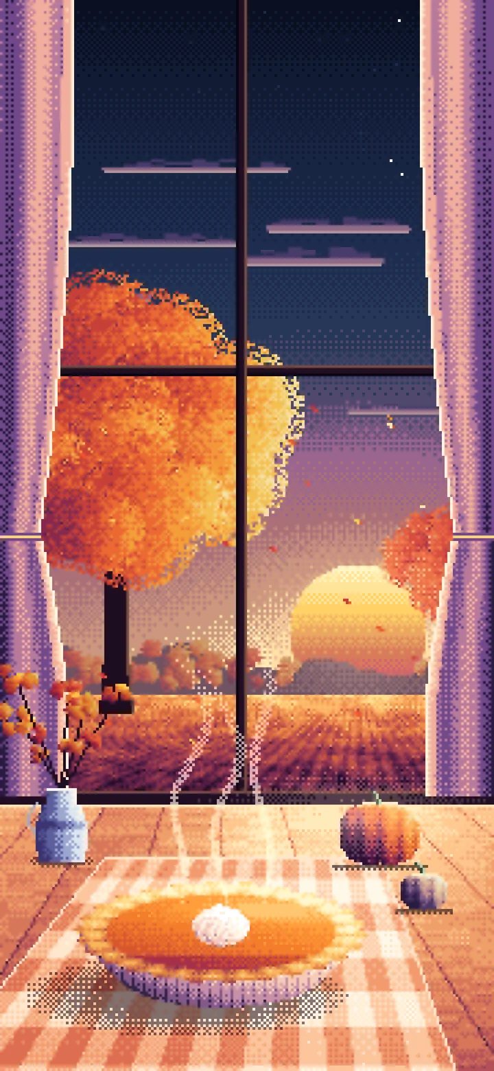 Navy Pixel Art Pumpkin Pie on a Windowsill at Sunset wallpaper for iPhone and Android