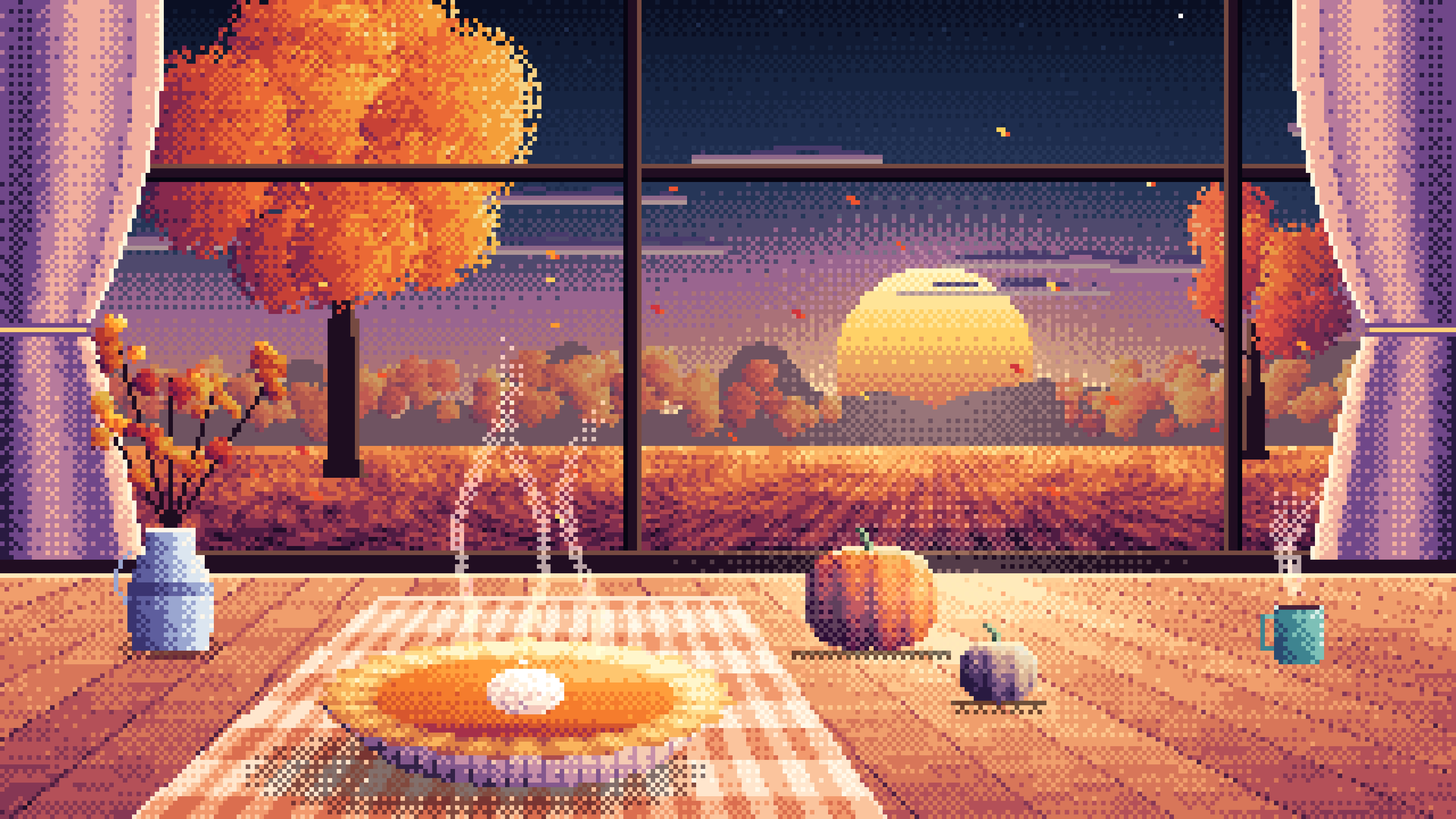 Navy Pixel Art Pumpkin Pie on a Windowsill at Sunset desktop wallpaper in 4K
