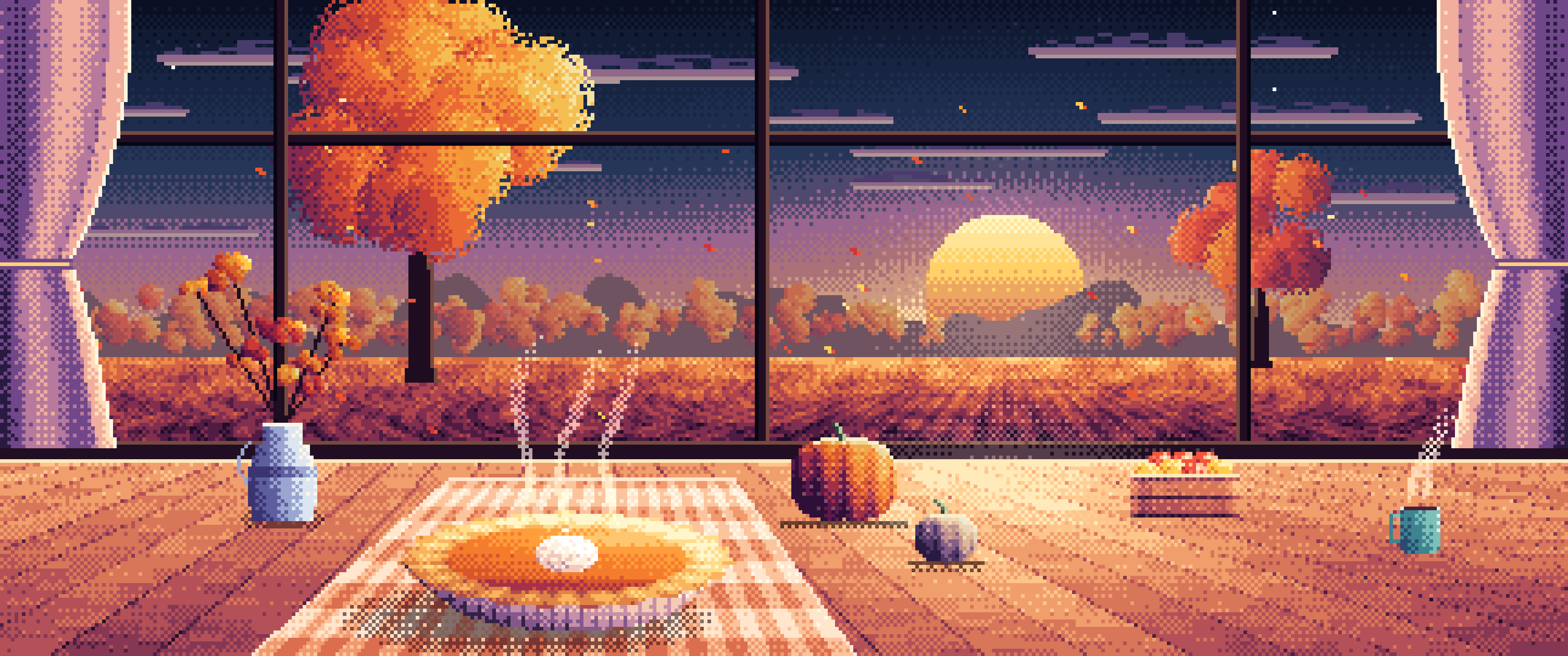 Navy Pixel Art Pumpkin Pie on a Windowsill at Sunset ultrawide wallpaper, 3440 × 1440