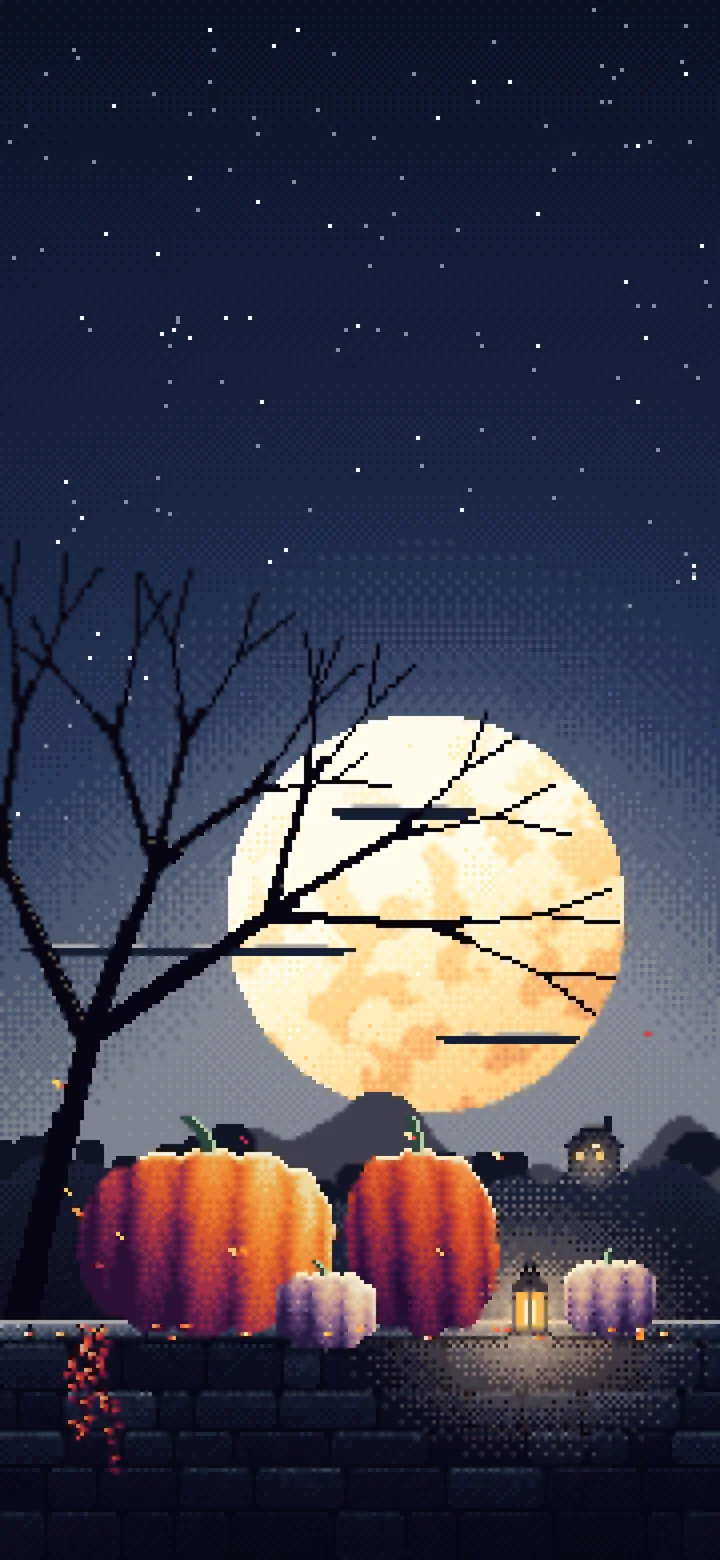 Navy Pixel Art Pumpkins and Harvest Moon wallpaper for iPhone and Android