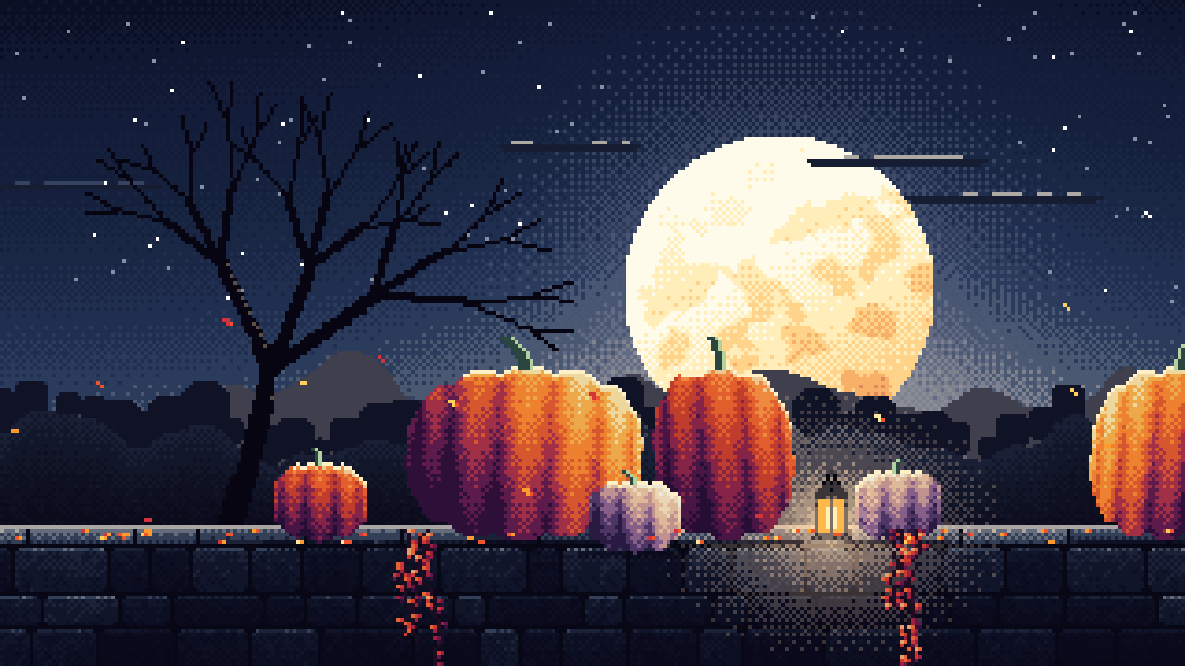 Navy Pixel Art Pumpkins and Harvest Moon desktop wallpaper in 4K