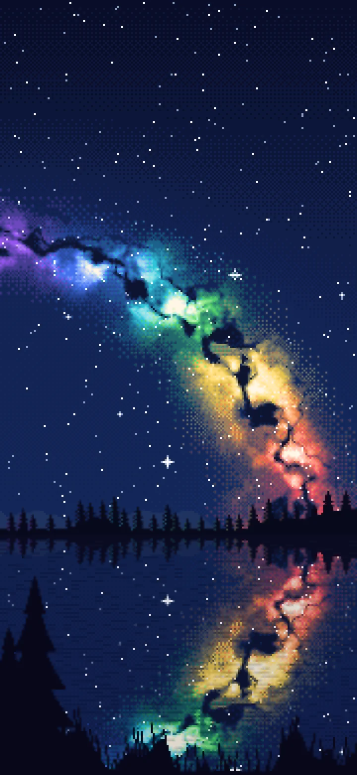 Navy Pixel Art Rainbow Galaxy Over a Lake wallpaper for iPhone and Android