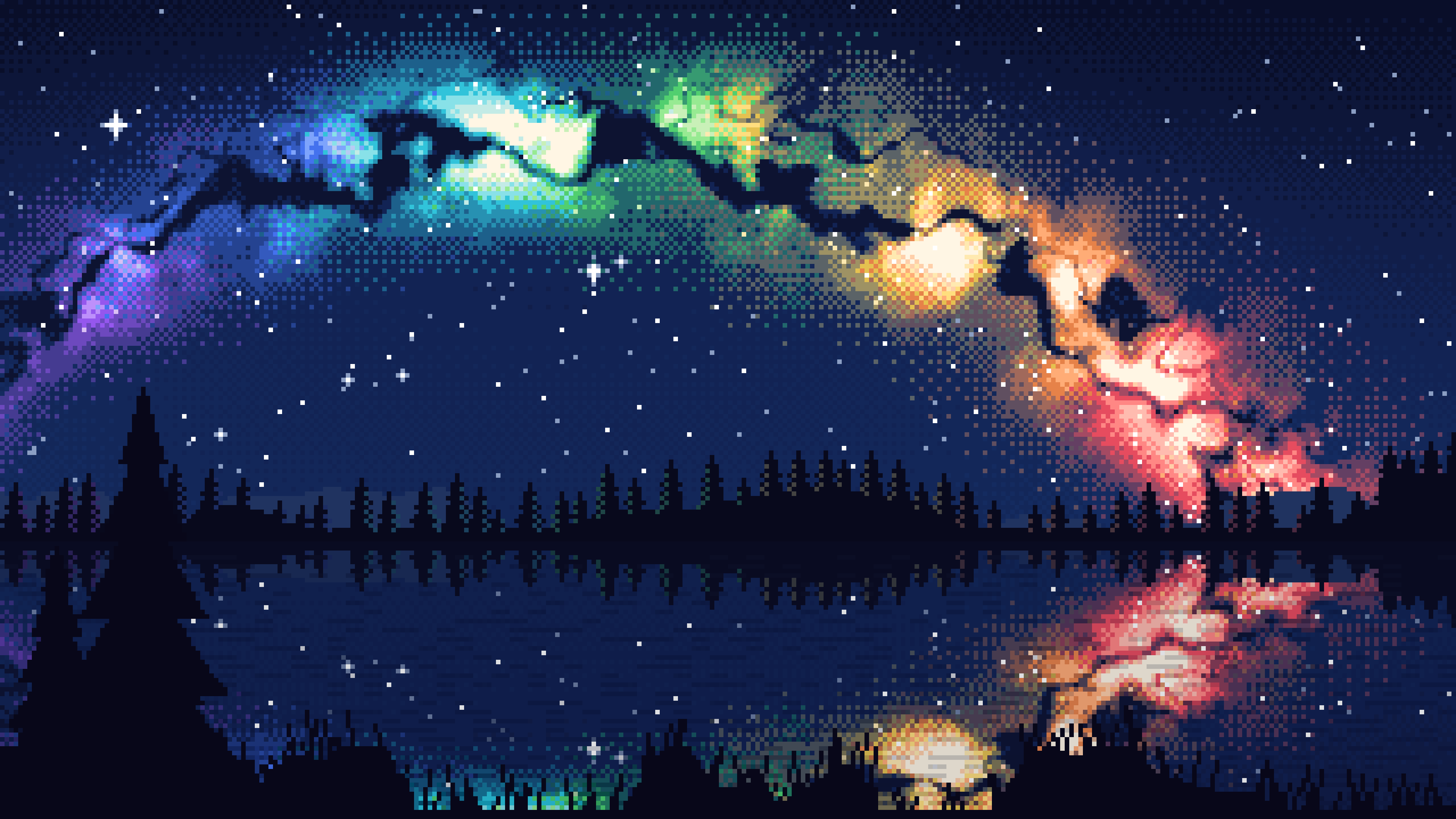 Navy Pixel Art Rainbow Galaxy Over a Lake desktop wallpaper in 4K