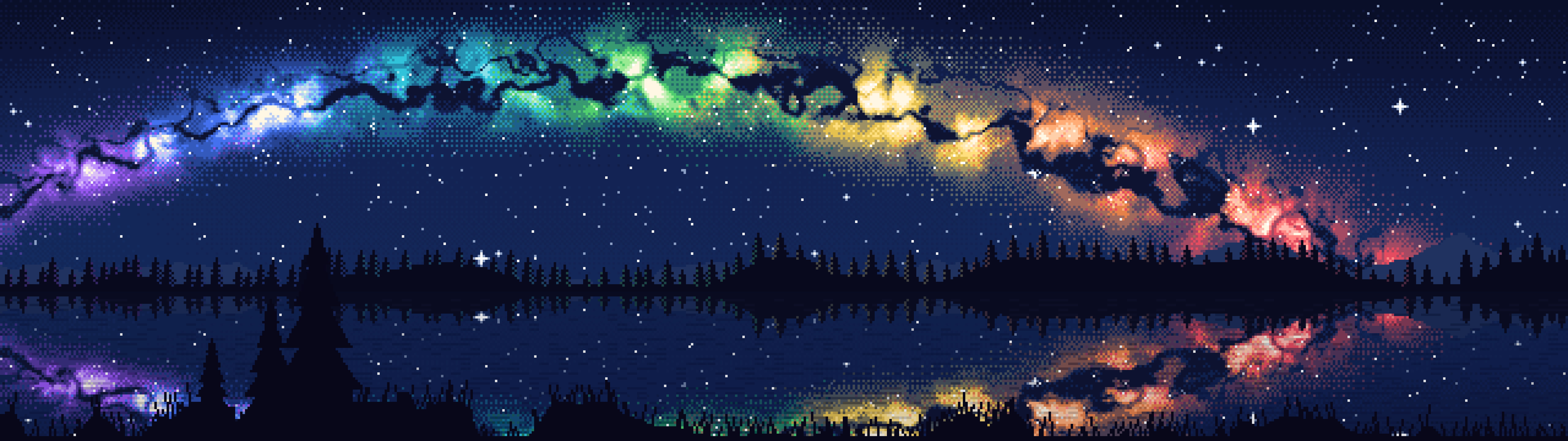 Navy Pixel Art Rainbow Galaxy Over a Lake dual monitor wallpaper, 7680 × 2160