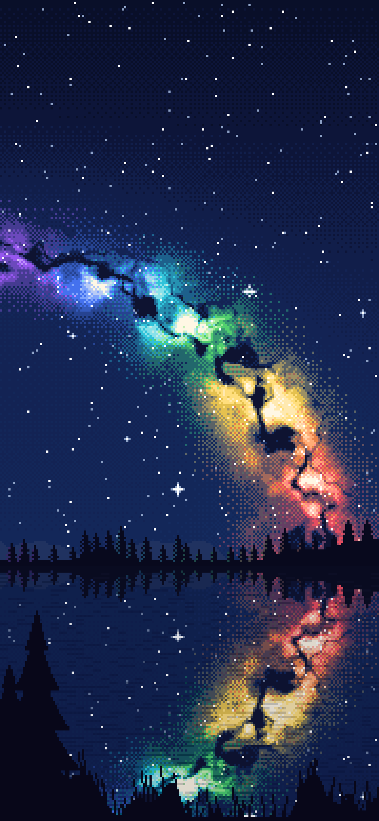Navy Pixel Art Rainbow Galaxy Over a Lake wallpaper for iPhone and Android