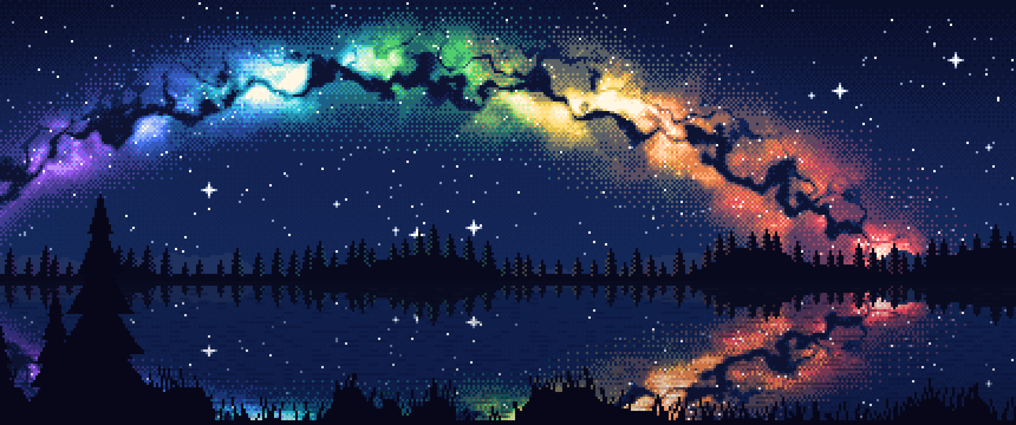 Navy Pixel Art Rainbow Galaxy Over a Lake ultrawide wallpaper, 3440 × 1440