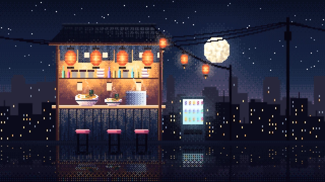 Navy Pixel Art Ramen Stall at Night desktop wallpaper in 4K