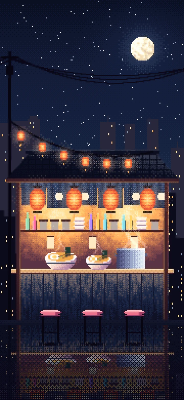 Navy Pixel Art Ramen Stall at Night wallpaper for iPhone and Android