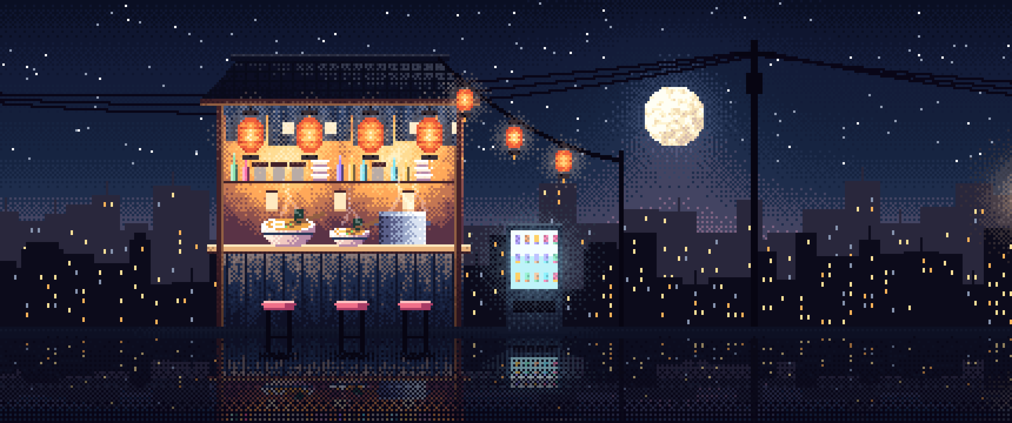Navy Pixel Art Ramen Stall at Night ultrawide wallpaper, 3440 × 1440