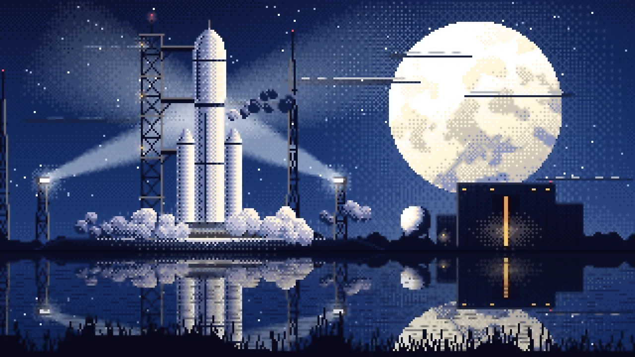 Navy Pixel Art Rocket on the Launch Pad at Night desktop wallpaper in 4K