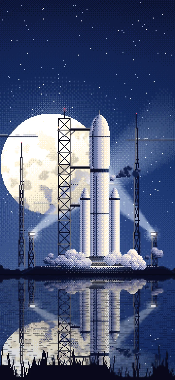 Navy Pixel Art Rocket on the Launch Pad at Night wallpaper for iPhone and Android