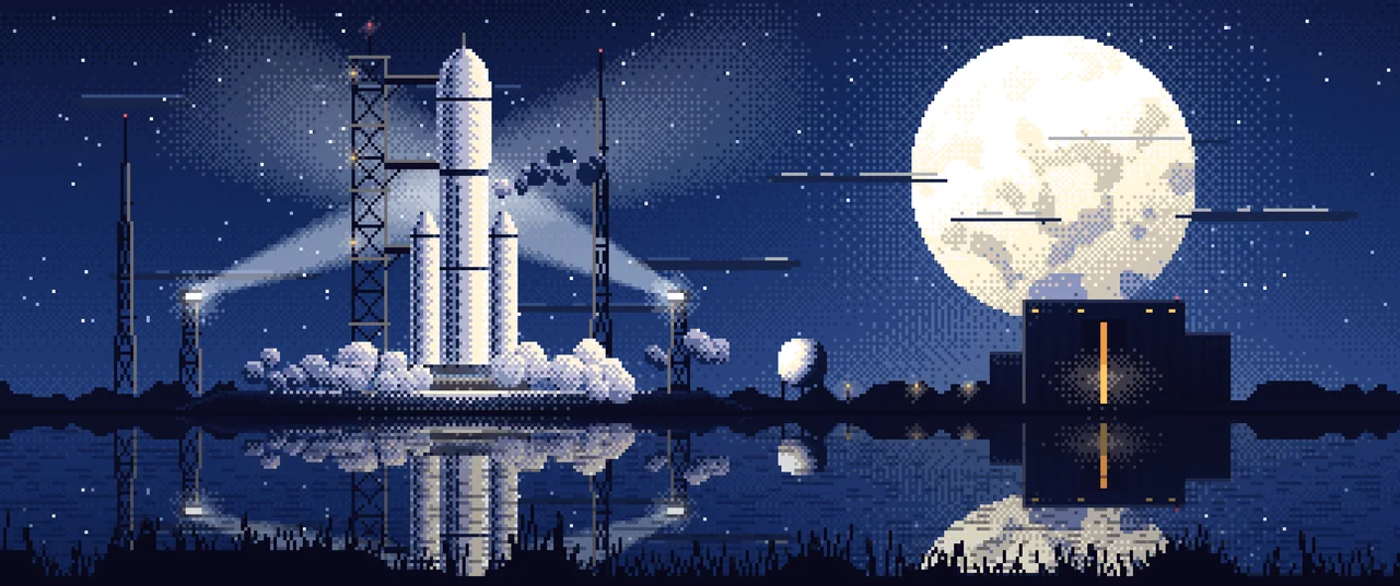 Navy Pixel Art Rocket on the Launch Pad at Night ultrawide wallpaper, 3440 × 1440