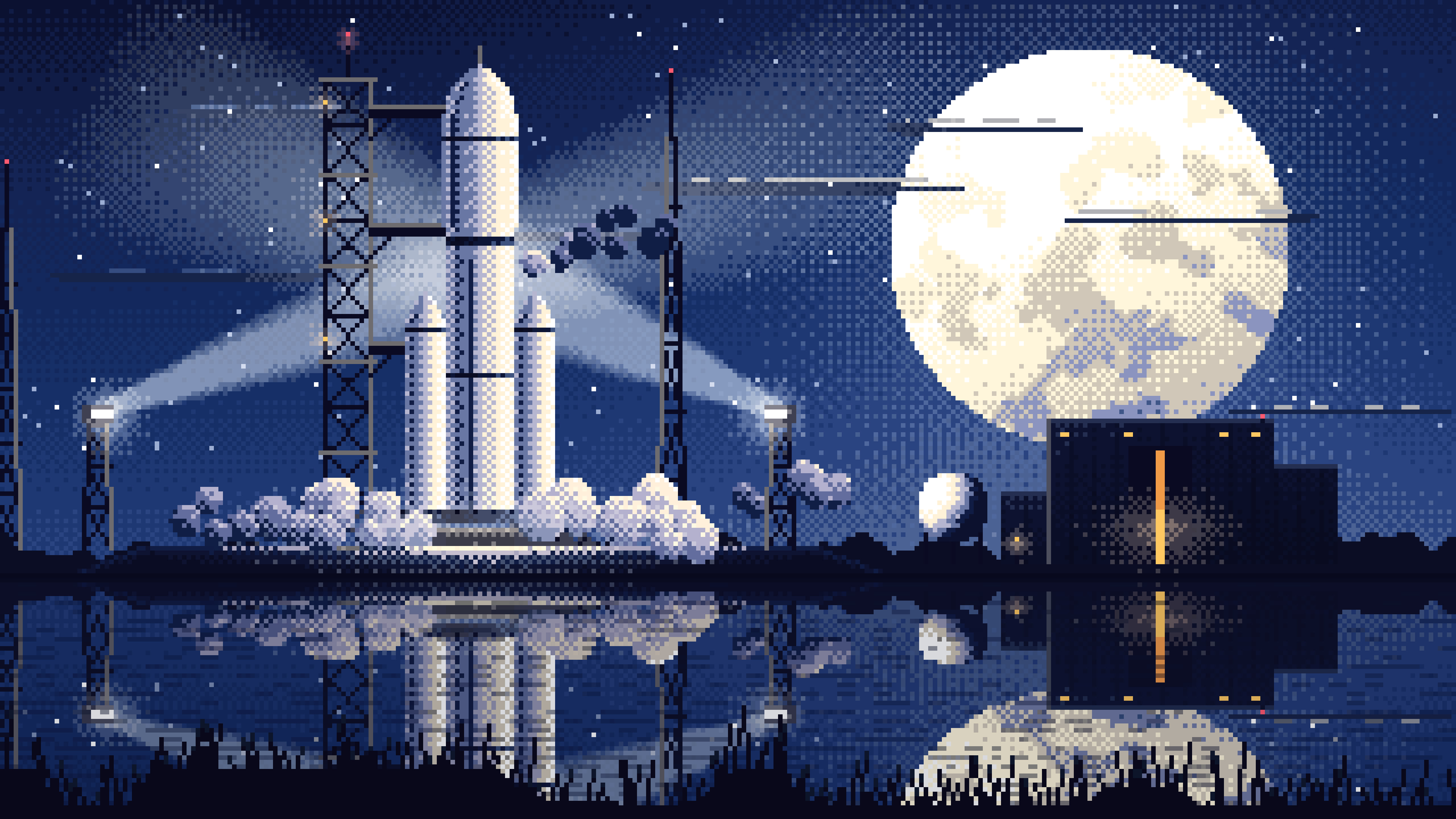 Navy Pixel Art Rocket on the Launch Pad at Night desktop wallpaper in 4K