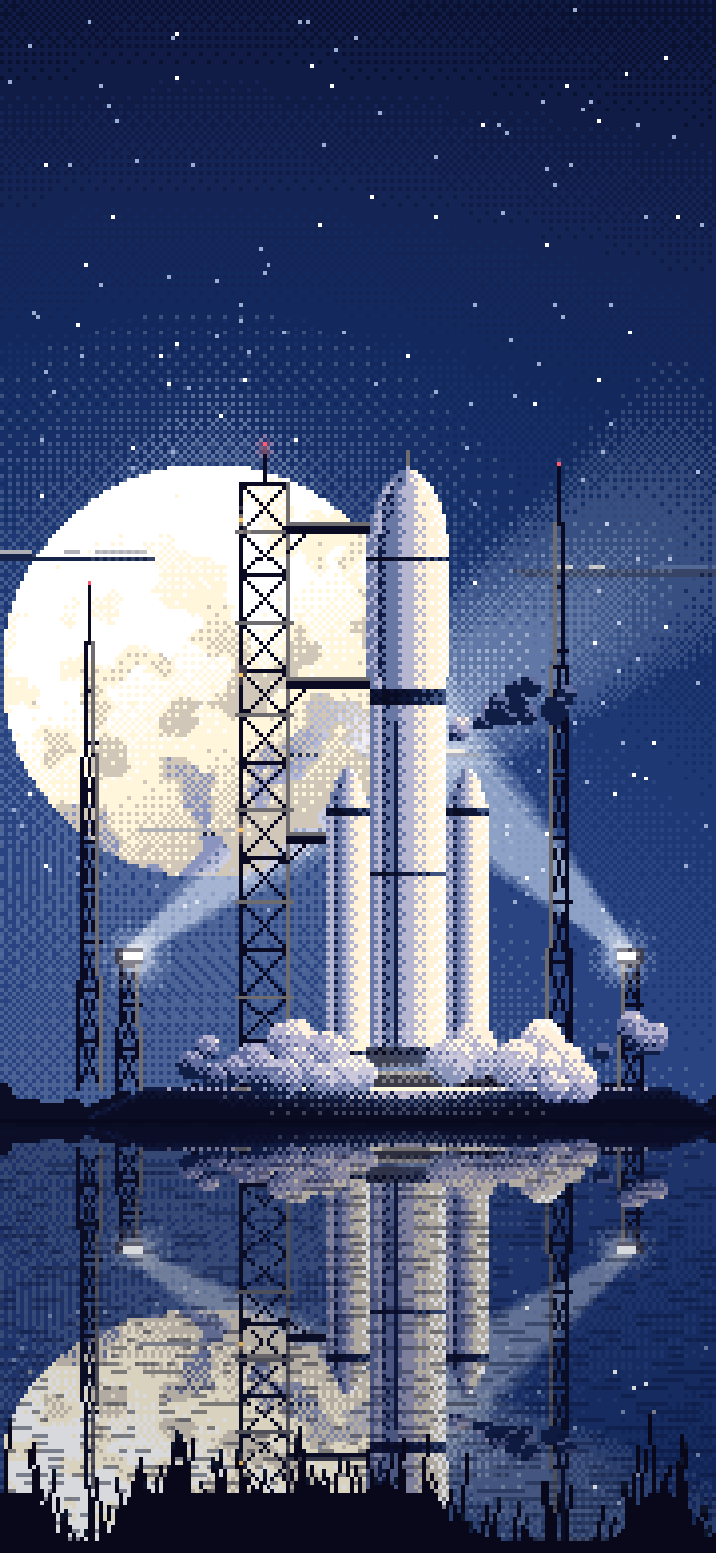 Navy Pixel Art Rocket on the Launch Pad at Night wallpaper for iPhone and Android