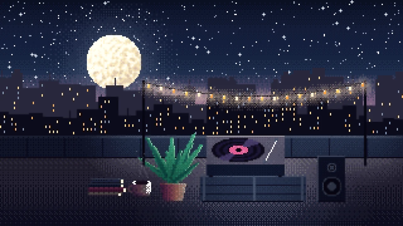 Navy Pixel Art Rooftop Record Player desktop wallpaper in 4K