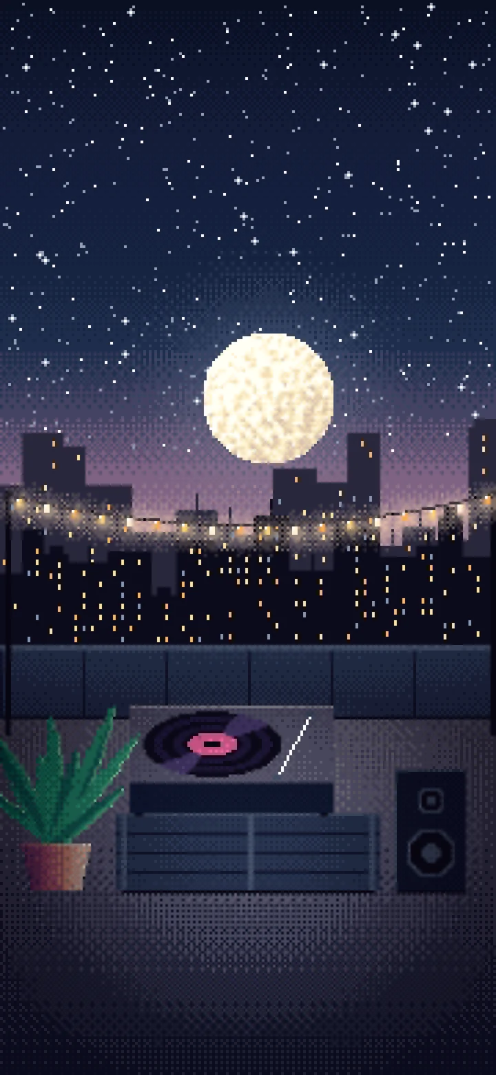 Navy Pixel Art Rooftop Record Player wallpaper for iPhone and Android