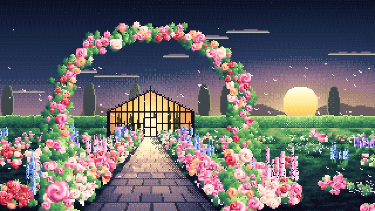 Navy Pixel Art Rose Garden at Sunset desktop wallpaper in 4K